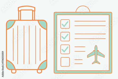 Suitcase and travel checklist with airplane isolated on white background