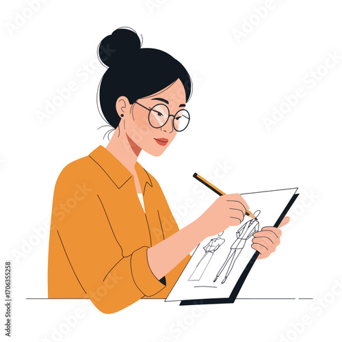 Woman in orange shirt drawing fashion sketches with pencil