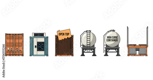 Diverse shipping container types including tank open top and reefer for global logistics and cargo transport solutions, Generative AI.