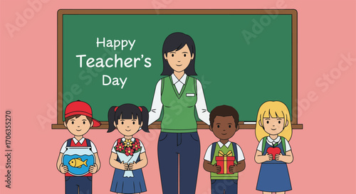A flat design scene of teacher appreciation a diverse class of elementary school children, including boys and girls, giving presents to their beloved woman teacher on Teacher's Day
