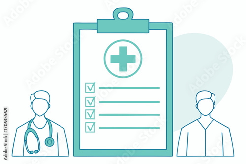 Medical checklist on clipboard with doctors isolated on white background for healthcare concept