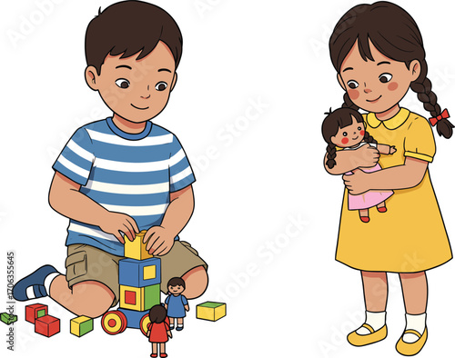 Children playing with toys indoors, boy building blocks and girl holding doll, early childhood development, creative learning, happy preschool activity