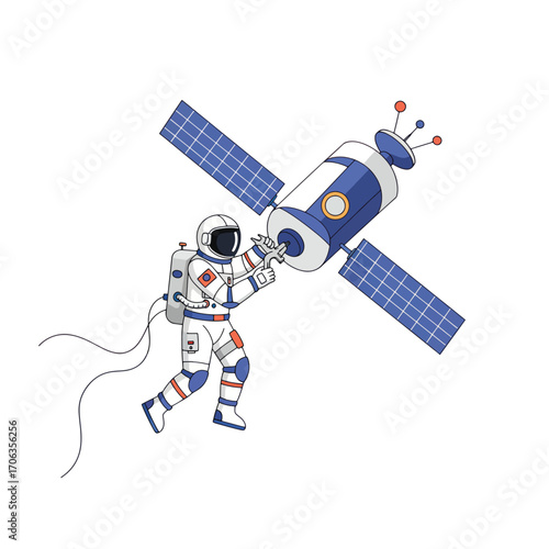 Astronaut working on a satellite in space