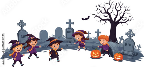 Children in witch costumes running through a graveyard on halloween night fun