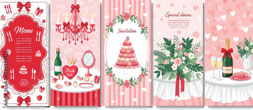 Charming collection of romantic pink and red celebration templates, ideal for weddings, anniversaries, special dinner invitations, menus, and elegant decorative accents