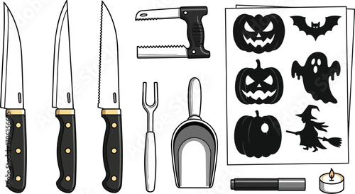 Carving tools and halloween stencils for pumpkin decorating on a white background