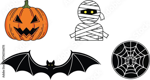 Halloween icons featuring a pumpkin mummy bat and spiderweb on white background