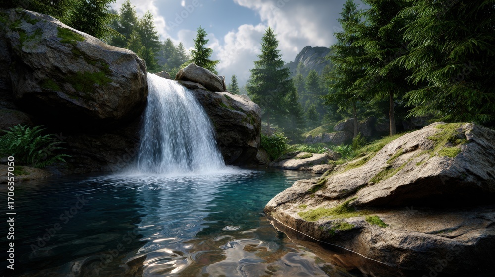 Fototapeta premium Serene Waterfall Cascading into a Crystal-Clear Forest Pool