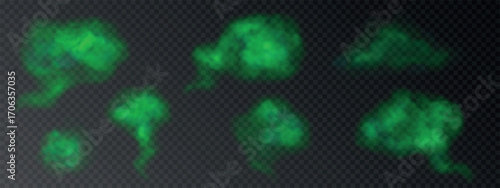 Stinky, bad smelling green smoke or fog. Set of vector, realistic clouds isolated on transparent background