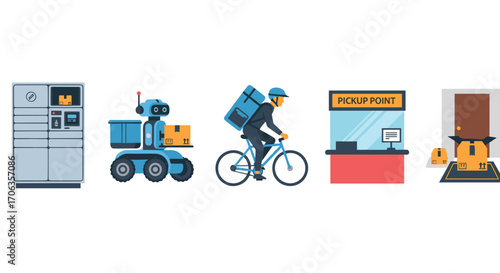 Modern logistics solutions featuring delivery robots cyclists automated lockers and pickup points for efficient parcel services, Generative AI.