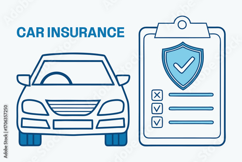 Car insurance concept with car, clipboard, and shield isolated on white background