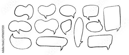 Chalk pencil speech bubble doodle set. Crayon drawn comic talk balloons and chat icons with grunge sketch texture. Hand drawn communication frames vector isolated on white background