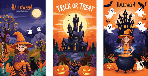 Spooky Halloween Illustrations A Trio of Festive Scenes Featuring Witches, Castles, and Pumpkins