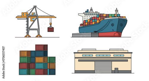 Dynamic logistics scene featuring cargo ship crane containers and warehouse building for global trade and shipping operations, Generative AI.