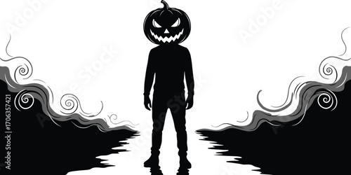 Silhouette of a figure with a pumpkin head standing in spooky halloween fog