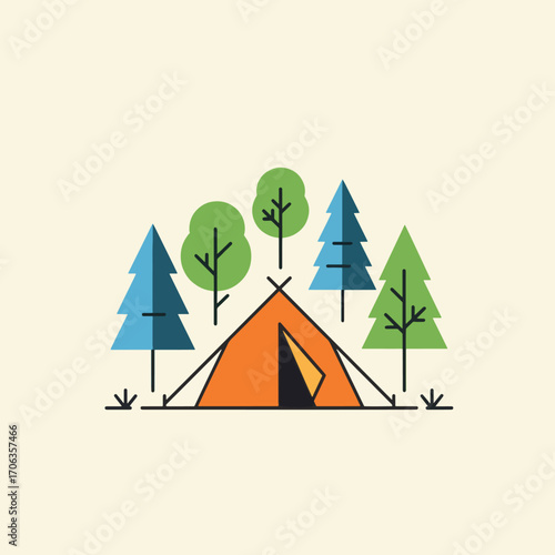 A flat illustration of an orange tent and stylized trees on a cream background