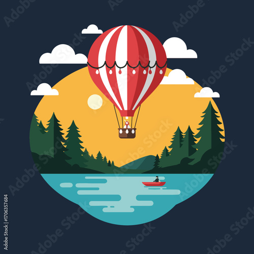 Hot air balloon over a lake with a canoeist