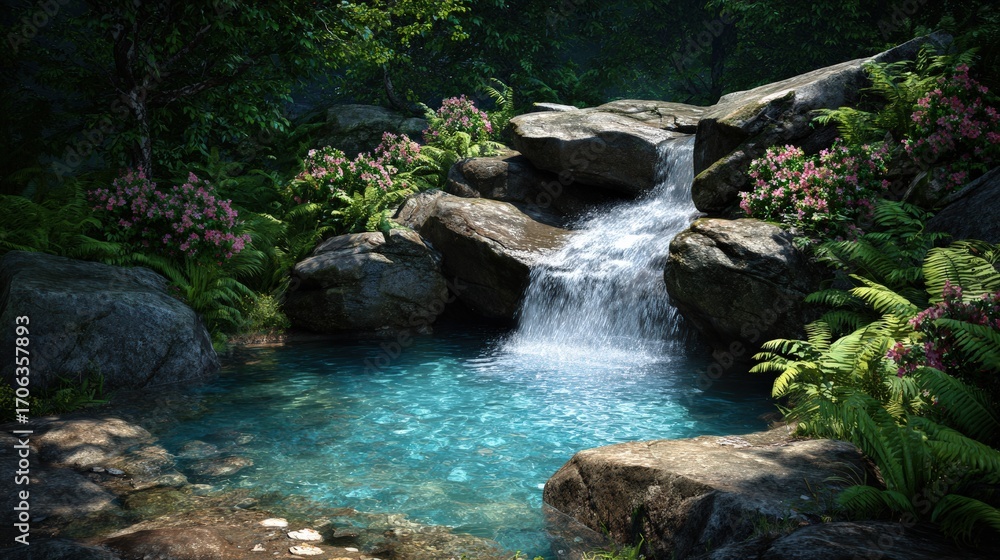 Naklejka premium Serene Waterfall Oasis with Lush Greenery and Pink Flowers