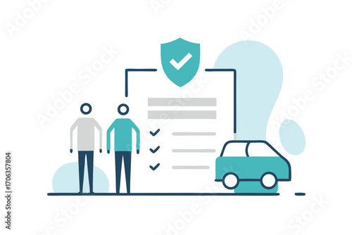 Car insurance policy agreement with people and vehicle isolated on white background for safety and protection