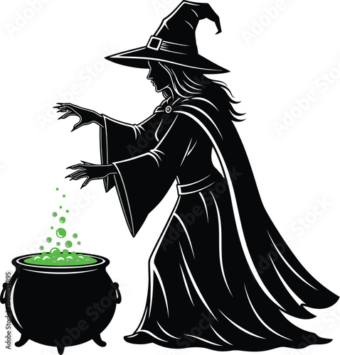 Silhouette of a witch brewing a potion in a cauldron on a white background