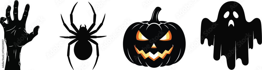 Fototapeta premium Halloween icons featuring a hand spider pumpkin and ghost on a white background