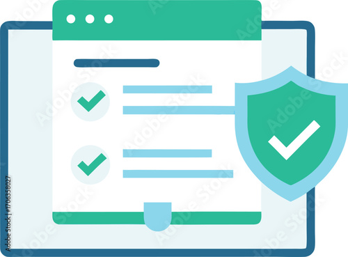 Illustration of secure online health coverage with checklist and shield isolated on white background