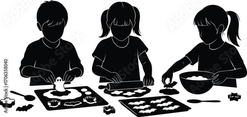 Children baking halloween cookies together in silhouette vector illustration