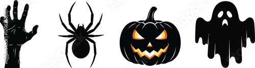 Halloween icons featuring a hand spider pumpkin and ghost on a white background