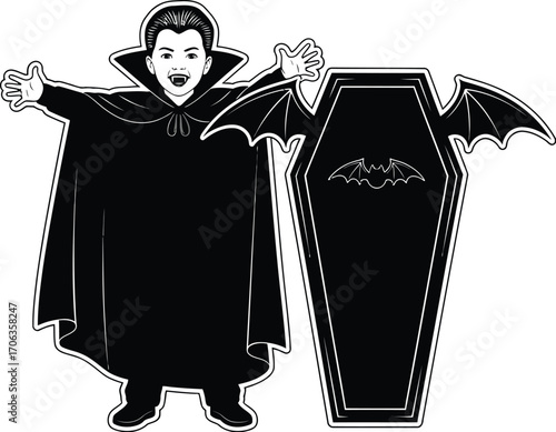 Cartoon vampire with open arms standing next to a coffin on a white background