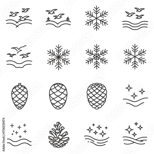 Minimalist Monochrome Grid of 12 Seasonal Winter Line Icons