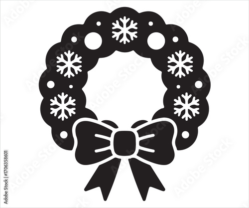 Christmas wreath silhouette with bow and snowflake decoration for holiday design