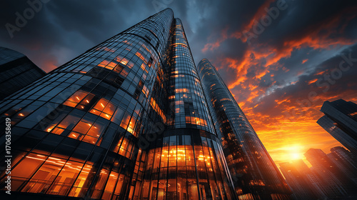 Ultra-modern skyscraper with reflective glass facade, golden sunset light, cinematic wide-angle perspective