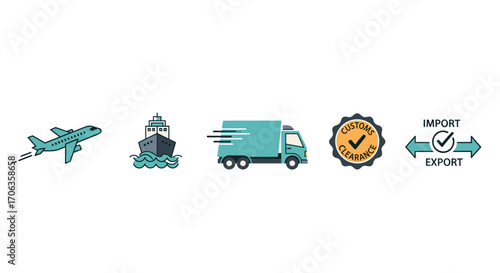 Streamline global logistics with icons representing air cargo sea freight truck delivery customs clearance and import export processes, Generative AI.