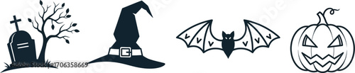 Halloween icons with tombstone witch hat bat and pumpkin on a white background