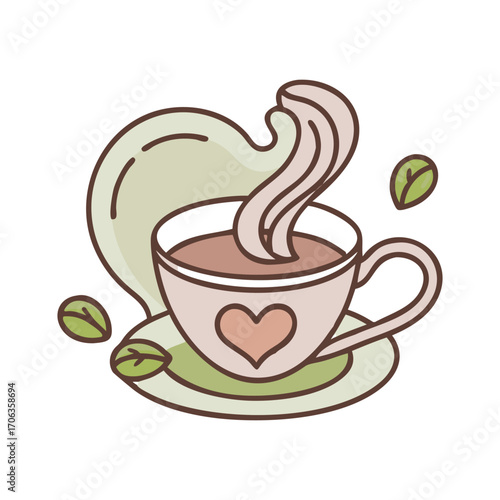 Charming heart decorated coffee cup with steaming hot beverage and coffee beans