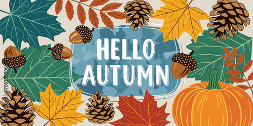 Vibrant autumn season background illustration featuring colorful leaves, pine cones, acorns, and a pumpkin, ideal for festive fall greetings and designs