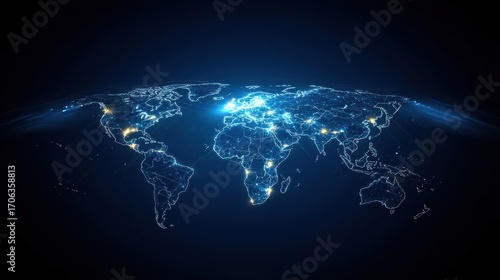 A digital representation of Earth showcasing illuminated regions, highlighting urban areas and connectivity in a dark background.