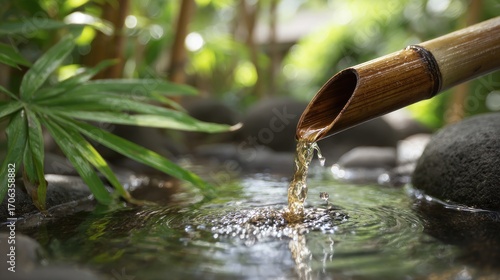 Zen garden featuring a bamboo fountain with flowing water creating a peaceful ambiance
