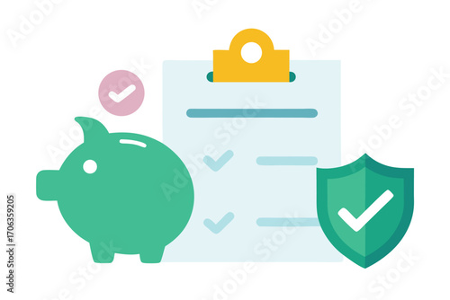 Illustration of a piggy bank, clipboard, and shield isolated on white background, representing financial planning