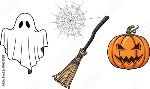 Cartoon halloween icons including a ghost spiderweb broom and jack o lantern
