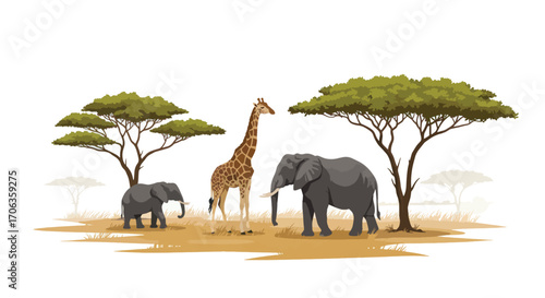 African savanna with elephants and giraffe under acacia trees