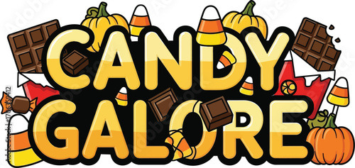 Festive halloween candy galore illustration with pumpkins and chocolate bars