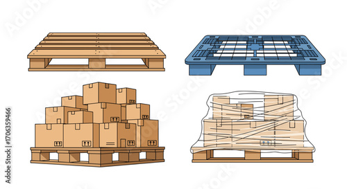 Securely stacked cardboard boxes and various industrial shipping pallets for efficient cargo handling and logistics management, Generative AI.