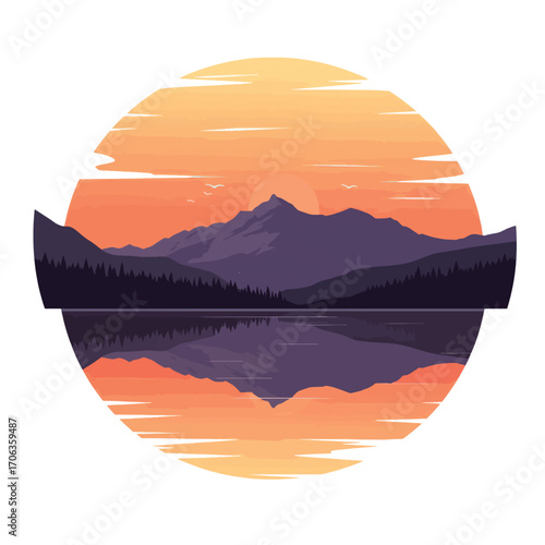 Illustration of mountains reflecting on water during sunset