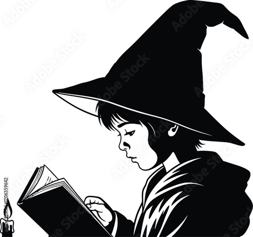 Young wizard reading a spellbook by candlelight in a black and white illustration