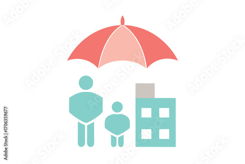 Family insurance concept with family under umbrella and building isolated on white background