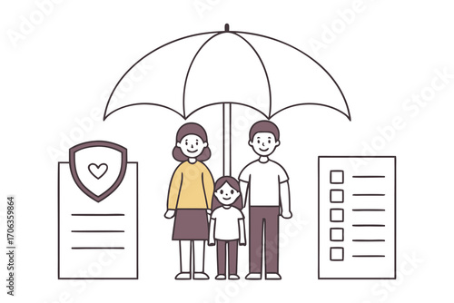 Family under umbrella isolated on white background, representing life insurance and financial protection planning