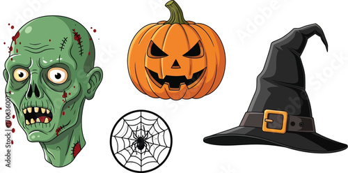 Halloween cartoon set featuring a zombie pumpkin spider web and witch hat