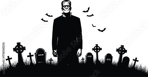 Frankenstein's monster standing in a graveyard with bats flying in the night sky