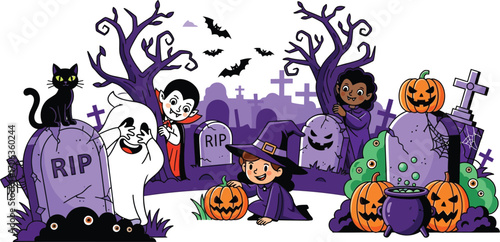 Spooky halloween cartoon scene with kids in costumes in a graveyard at night